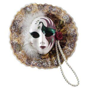 Vintage Face Mask Wall Decor Painted Peacock Lace Trim Feathers Mardi Gras 10x10